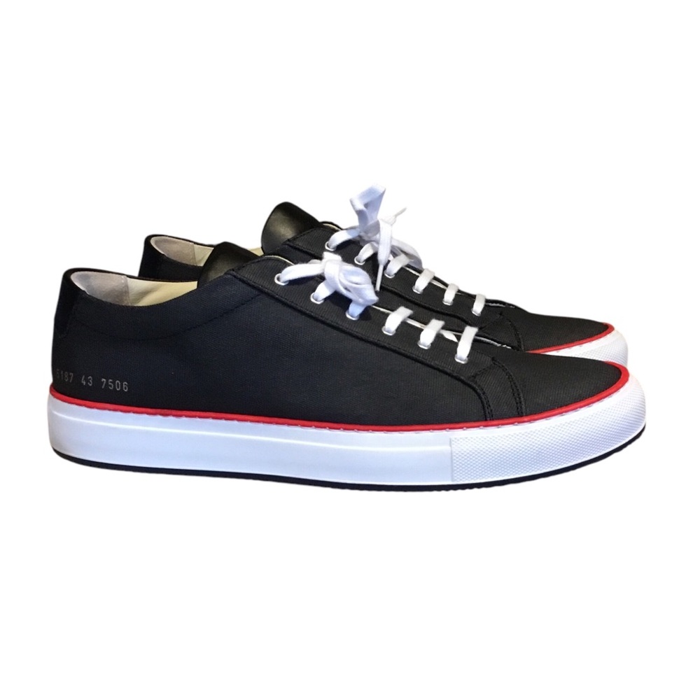 NEW Common Projects Achilles Black Canvas Red Trim Sneakers FLAWED